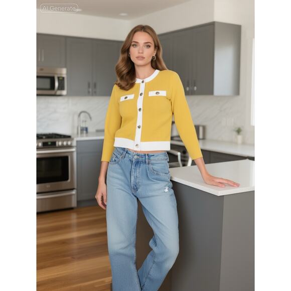 🧥 Michael Kors Daisy Yellow Button-Up Sweater – Size XS - Picture 1 of 6